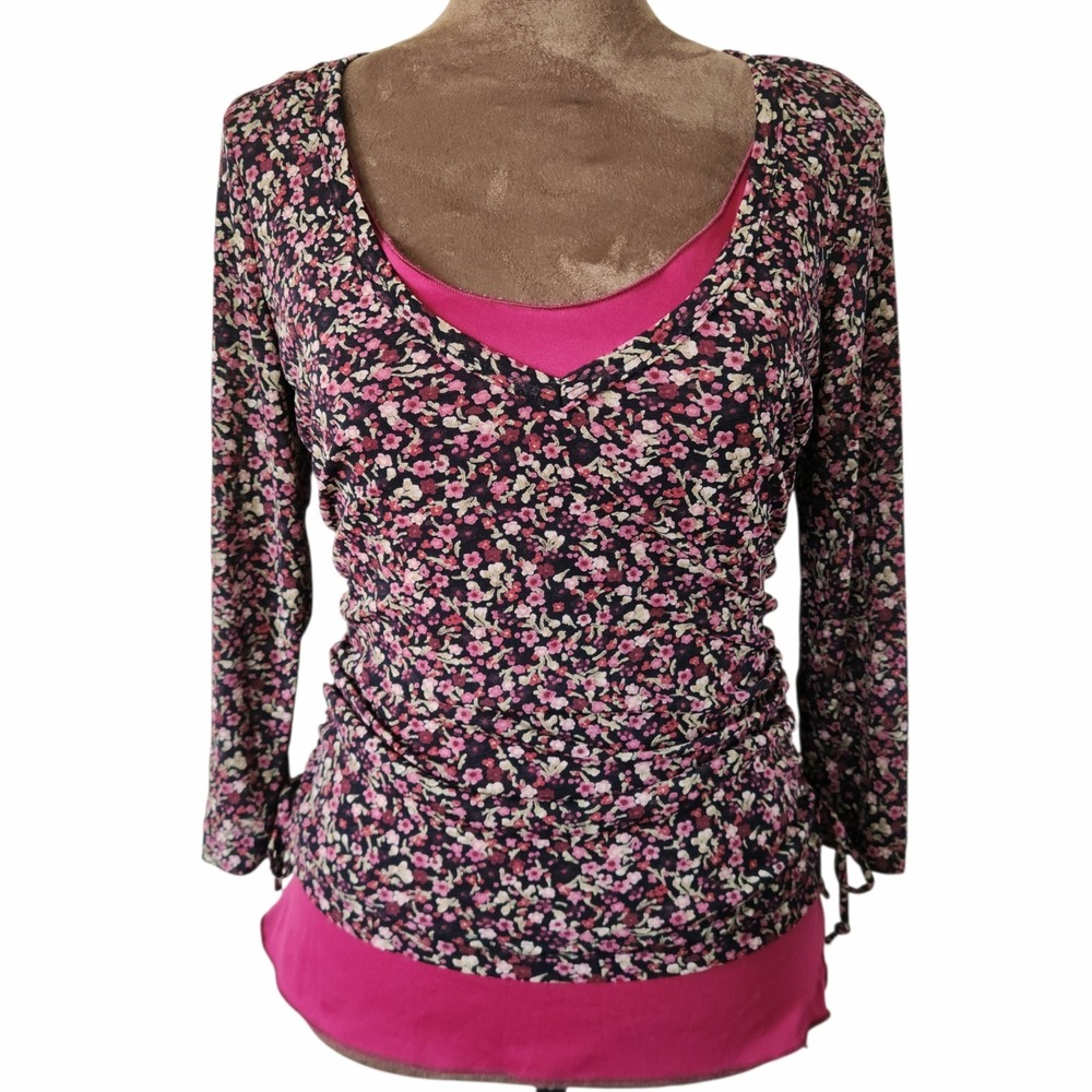 Y2K‎ 90s Self Esteem Layered Blouse Top Floral Stretch Ruched Sides Vintage